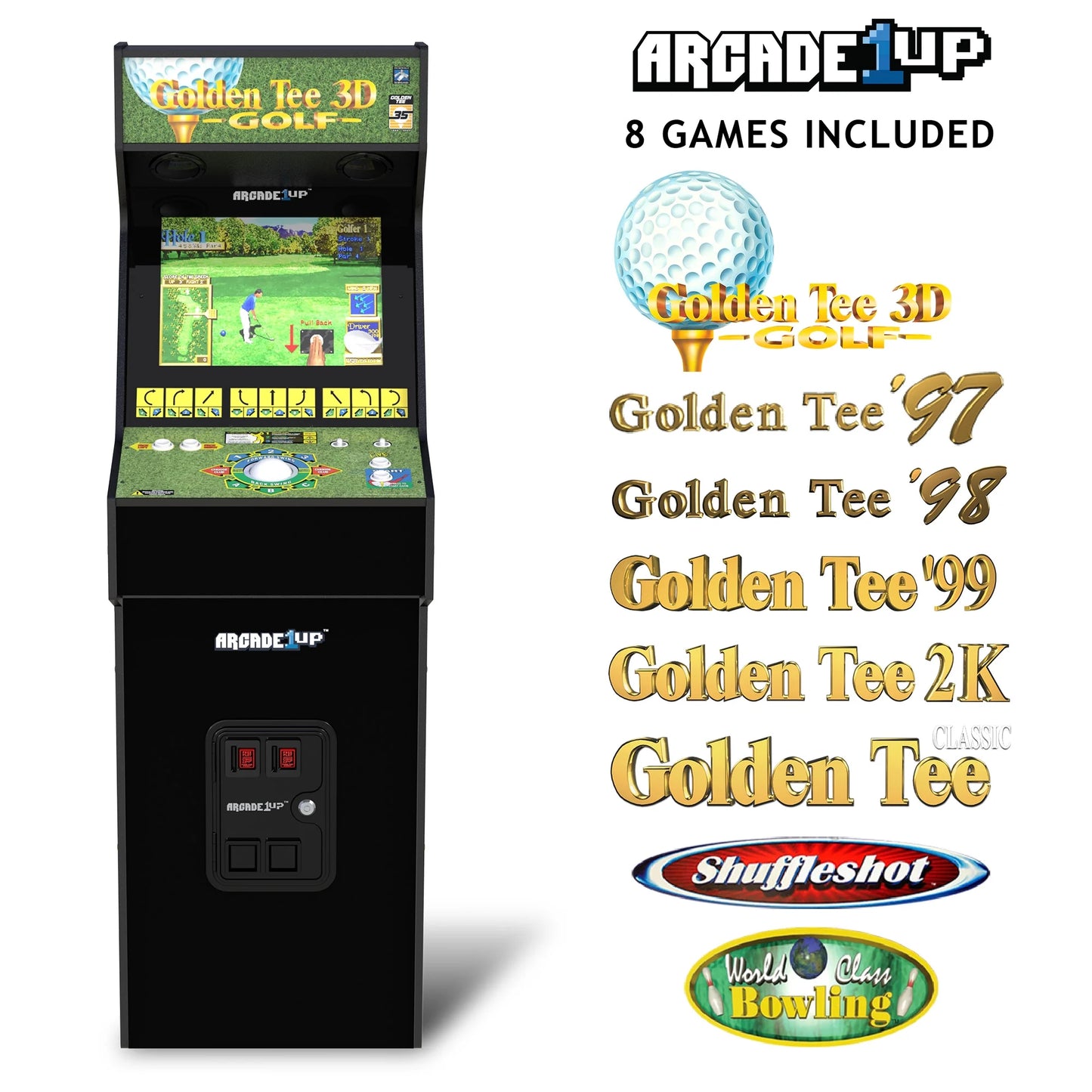 Arcade1Up Golden Tee 3D 35th Anniversary Deluxe Arcade Machine, Built for your Home, Over 5 - foot - tall Cabinet with 8 Classic Games